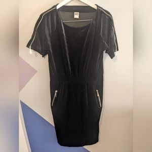 Sexy velvet like black dress with gold accent zips